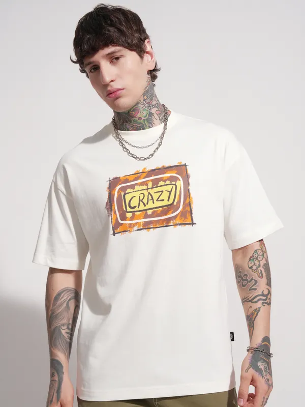 Highlander Men Off White Printed Round Neck Oversized Fit T-Shirt