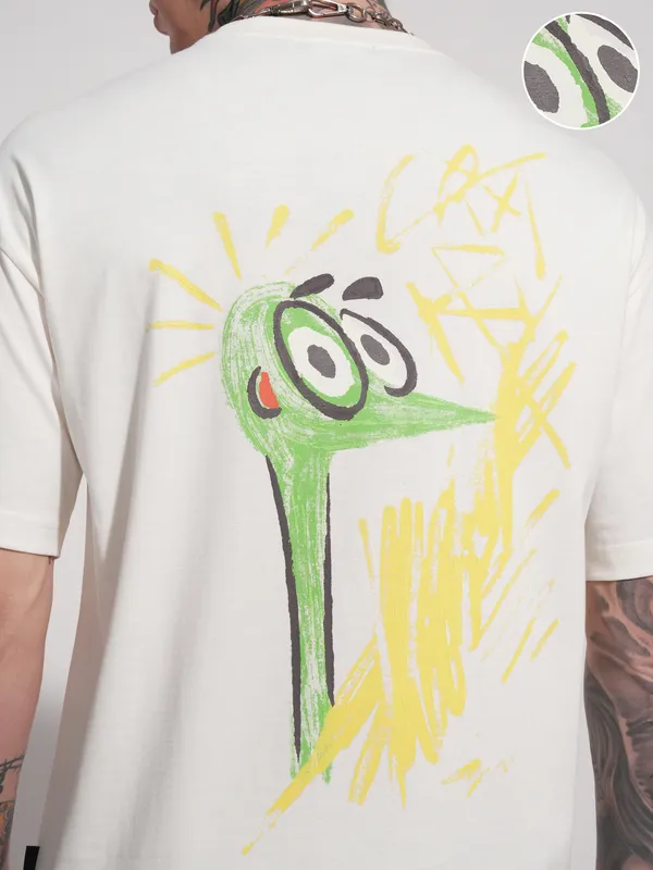 Highlander Men Off White Printed Round Neck Oversized Fit T-Shirt