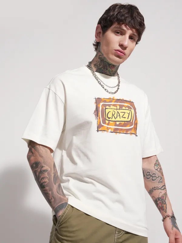 Highlander Men Off White Printed Round Neck Oversized Fit T-Shirt