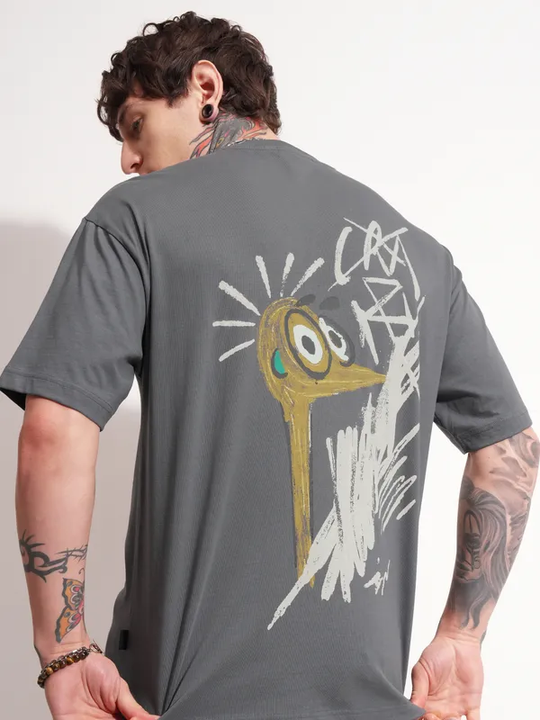 Highlander Men Grey Printed Round Neck Oversized Fit T-Shirt