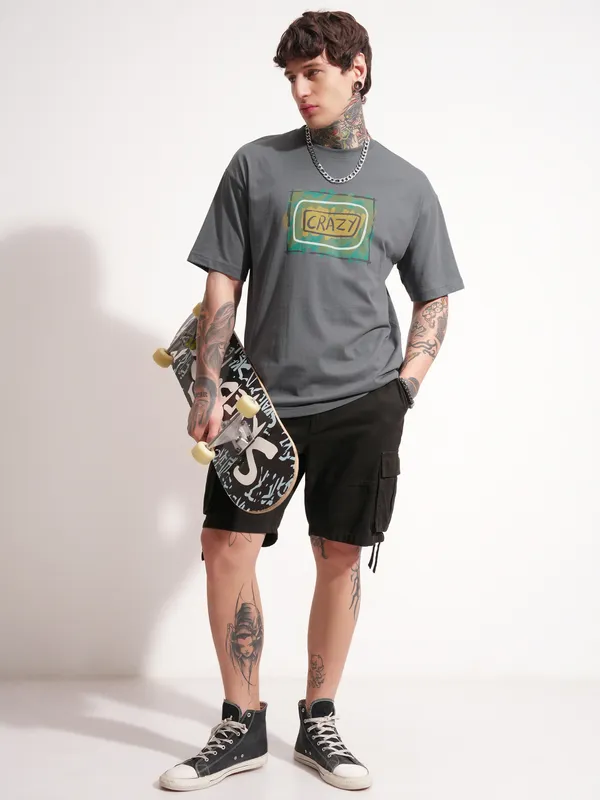 Highlander Men Grey Printed Round Neck Oversized Fit T-Shirt