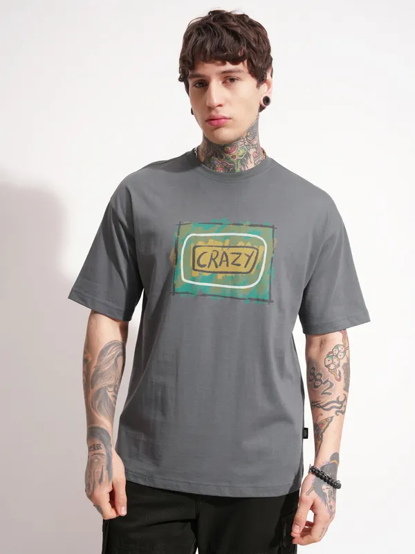 Highlander Men Grey Printed Round Neck Oversized Fit T-Shirt