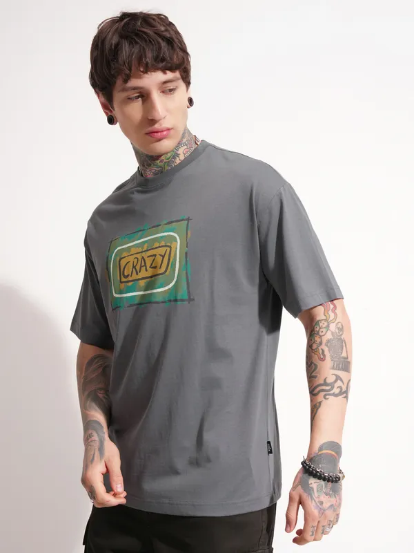 Highlander Men Grey Printed Round Neck Oversized Fit T-Shirt