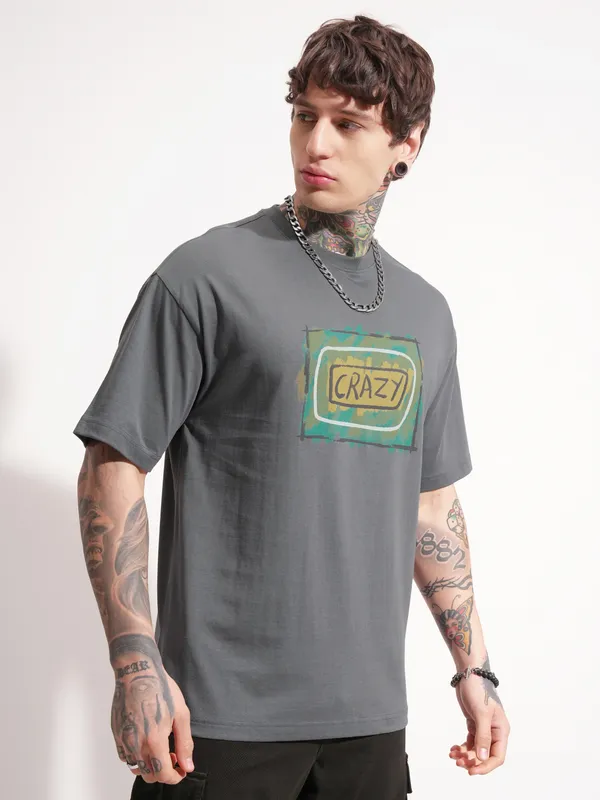 Highlander Men Grey Printed Round Neck Oversized Fit T-Shirt