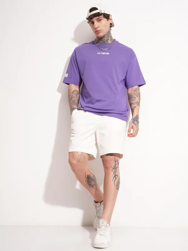 Highlander Men Purple Printed Round Neck Oversized Fit T-Shirt