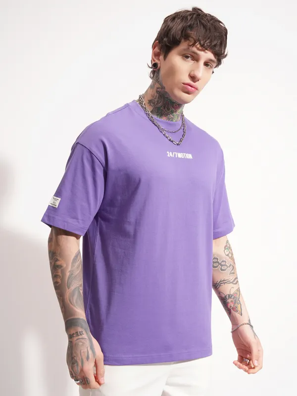 Highlander Men Purple Printed Round Neck Oversized Fit T-Shirt