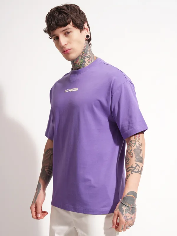 Highlander Men Purple Printed Round Neck Oversized Fit T-Shirt