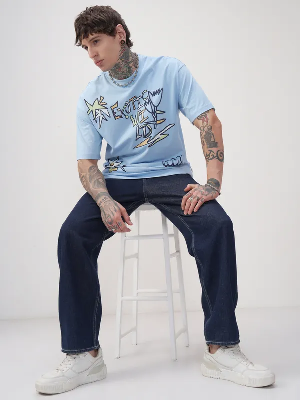 Highlander Men Blue Printed Round Neck Oversized Fit T-Shirt