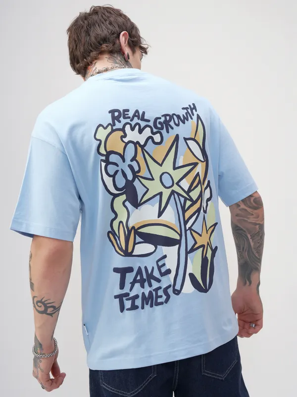 Highlander Men Blue Printed Round Neck Oversized Fit T-Shirt