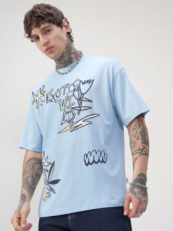 Highlander Men Blue Printed Round Neck Oversized Fit T-Shirt
