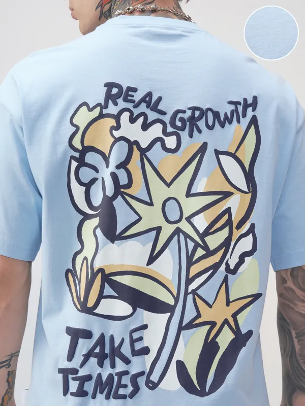 Highlander Men Blue Printed Round Neck Oversized Fit T-Shirt