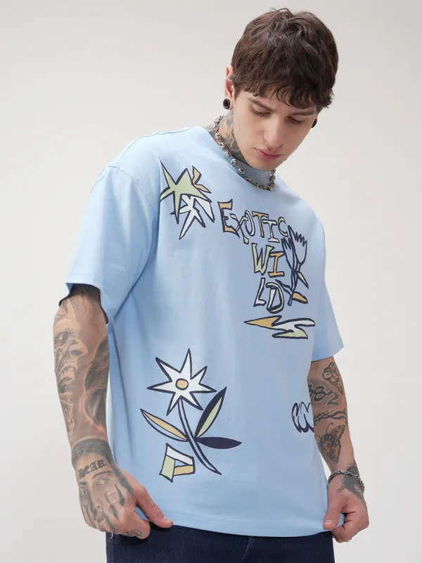 Highlander Men Blue Printed Round Neck Oversized Fit T-Shirt