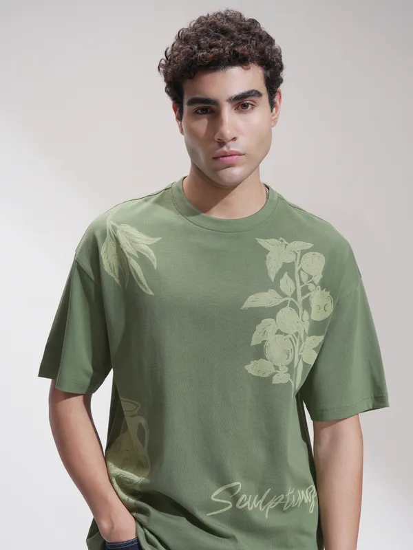 Highlander Men Green Printed Round Neck Oversized Fit T-Shirt