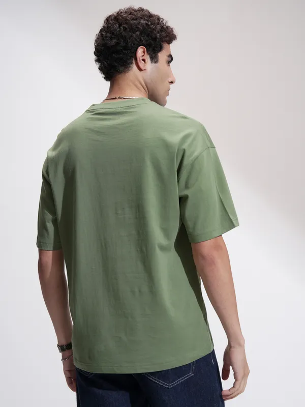 Highlander Men Green Printed Round Neck Oversized Fit T-Shirt