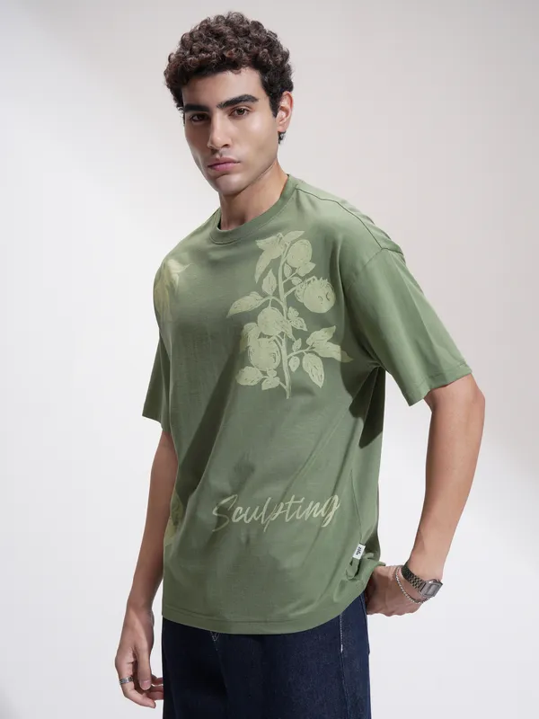 Highlander Men Green Printed Round Neck Oversized Fit T-Shirt