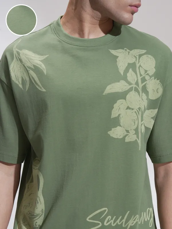 Highlander Men Green Printed Round Neck Oversized Fit T-Shirt