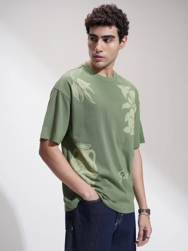 Highlander Men Green Printed Round Neck Oversized Fit T-Shirt