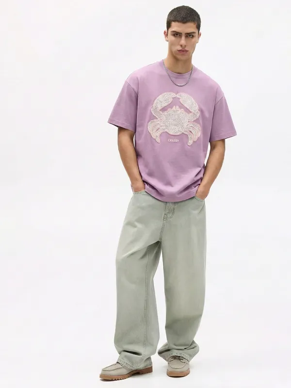 Highlander Men Lavender Applique Round Neck Oversized Fit T-Shirt