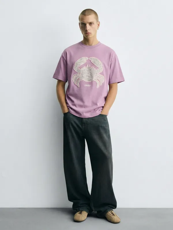 Highlander Men Lavender Applique Round Neck Oversized Fit T-Shirt