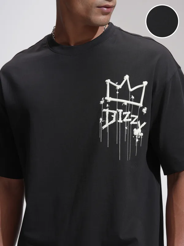 Highlander Men Black Printed Round Neck Oversized Fit T-Shirt