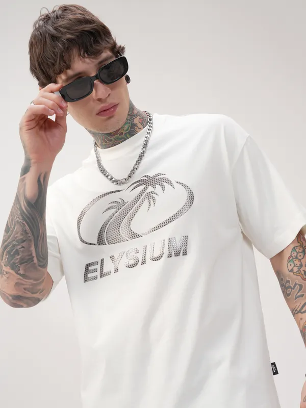 Highlander Men Off White Printed Round Neck Oversized Fit T-Shirt