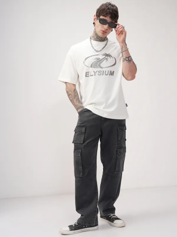 Highlander Men Off White Printed Round Neck Oversized Fit T-Shirt