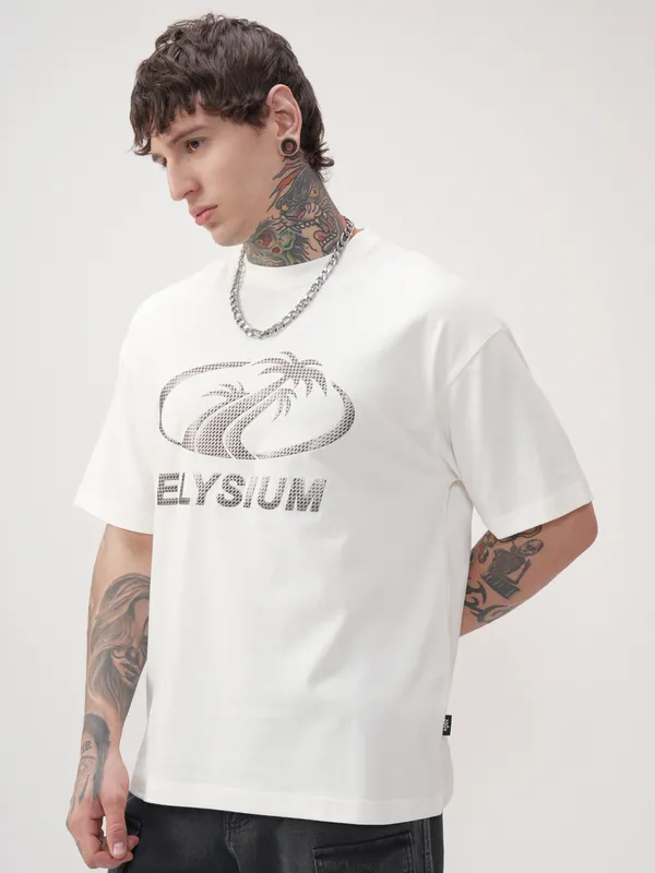 Highlander Men Off White Printed Round Neck Oversized Fit T-Shirt