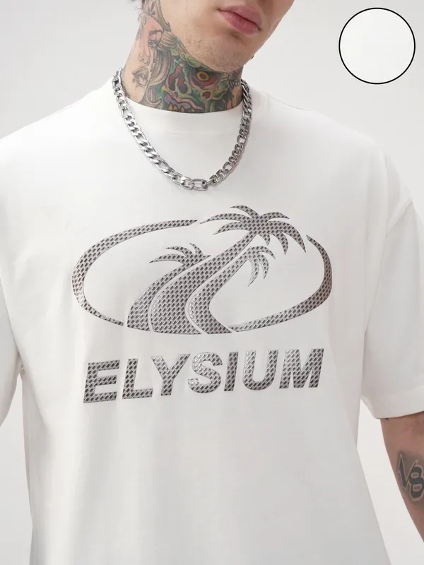 Highlander Men Off White Printed Round Neck Oversized Fit T-Shirt