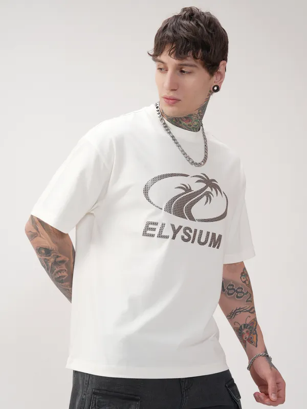 Highlander Men Off White Printed Round Neck Oversized Fit T-Shirt