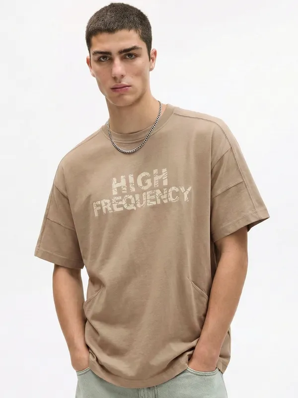 Highlander Men Tan Printed Round Neck Oversized Fit T-Shirt