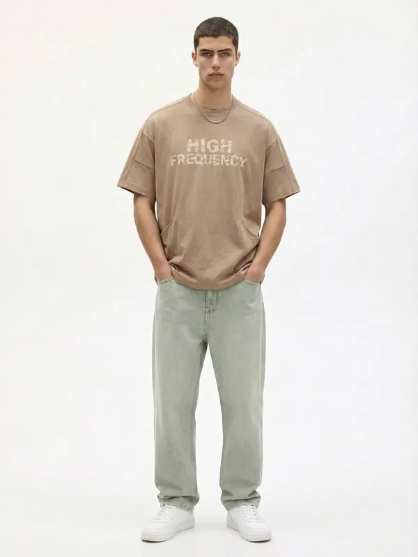 Highlander Men Tan Printed Round Neck Oversized Fit T-Shirt
