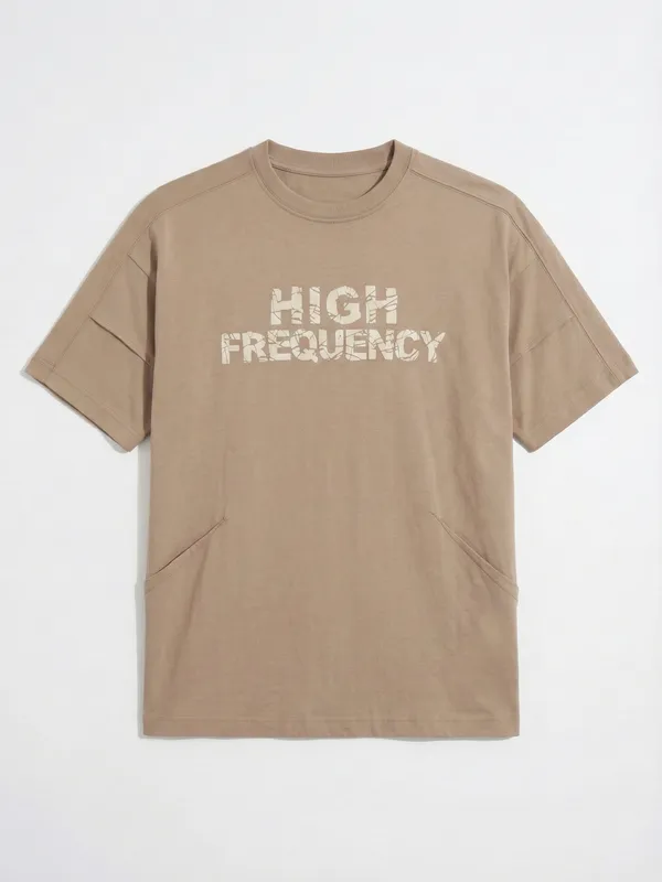 Highlander Men Tan Printed Round Neck Oversized Fit T-Shirt