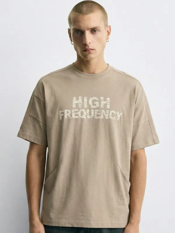 Highlander Men Tan Printed Round Neck Oversized Fit T-Shirt