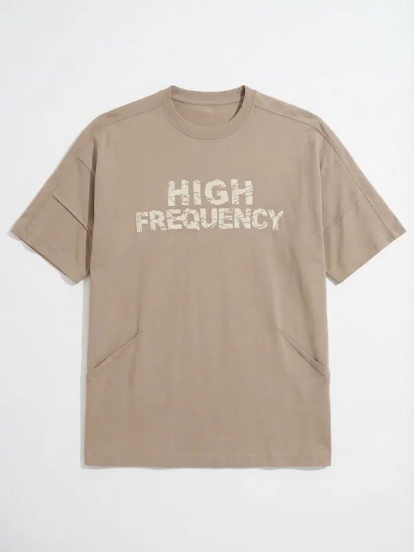 Highlander Men Tan Printed Round Neck Oversized Fit T-Shirt