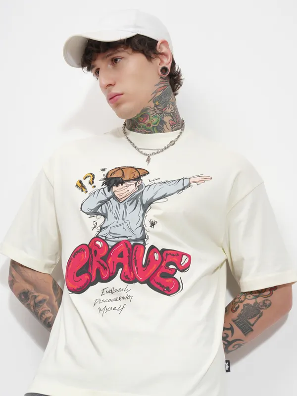 Highlander Men Cream Printed Round Neck Oversized Fit T-Shirt