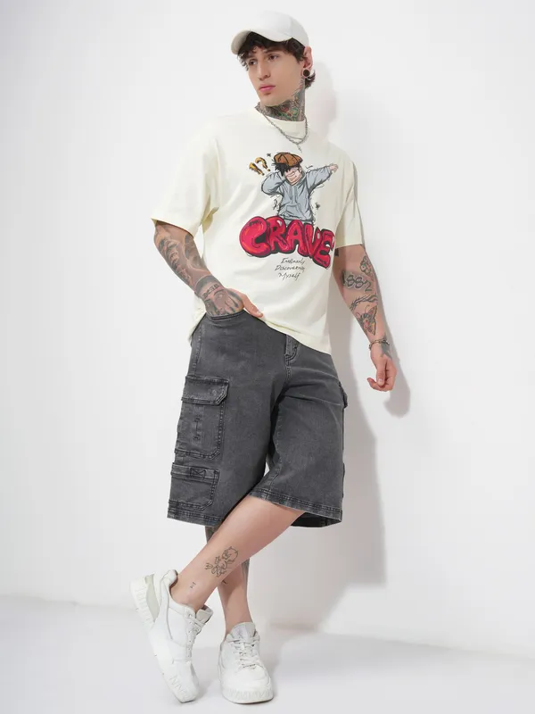 Highlander Men Cream Printed Round Neck Oversized Fit T-Shirt
