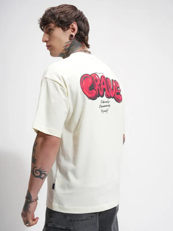 Highlander Men Cream Printed Round Neck Oversized Fit T-Shirt
