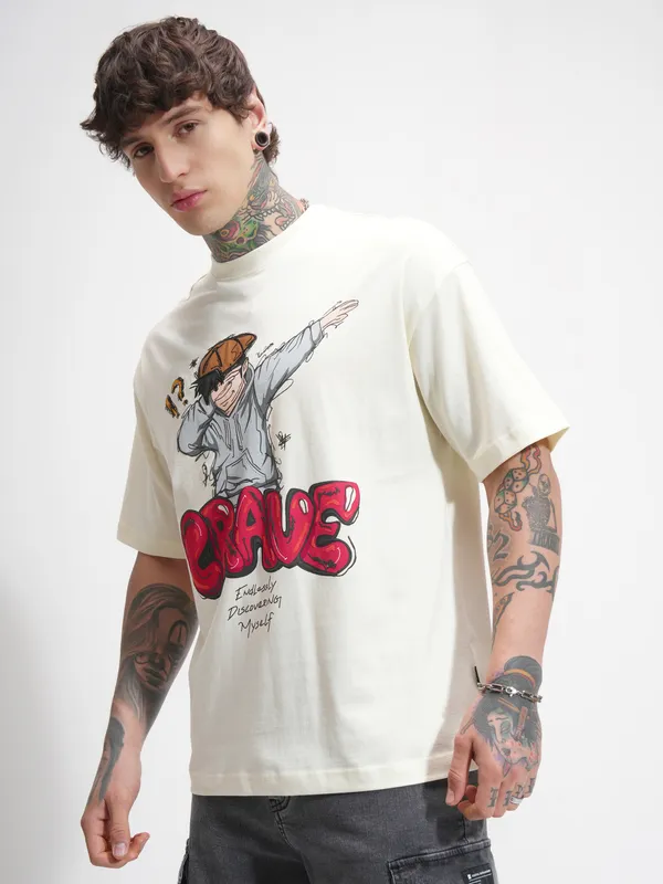 Highlander Men Cream Printed Round Neck Oversized Fit T-Shirt