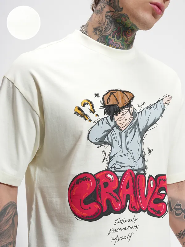 Highlander Men Cream Printed Round Neck Oversized Fit T-Shirt