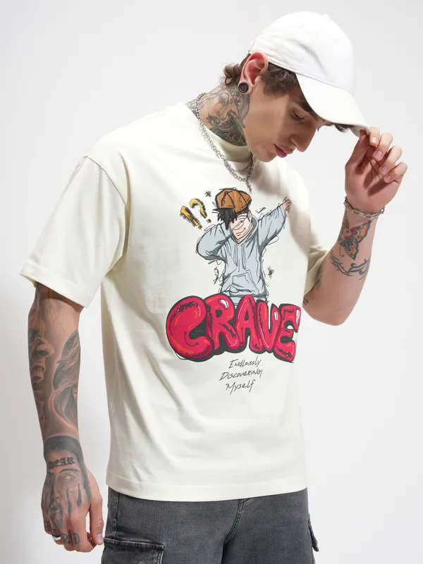 Highlander Men Cream Printed Round Neck Oversized Fit T-Shirt