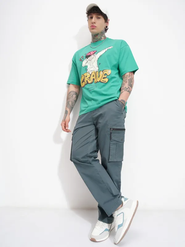 Highlander Men Turquoise Printed Round Neck Oversized Fit T-Shirt