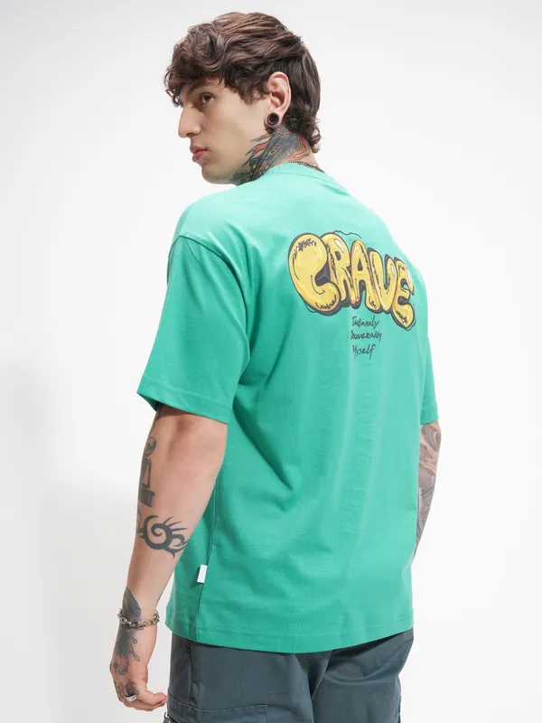 Highlander Men Turquoise Printed Round Neck Oversized Fit T-Shirt