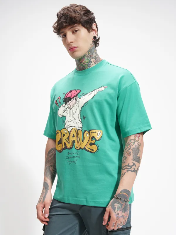 Highlander Men Turquoise Printed Round Neck Oversized Fit T-Shirt