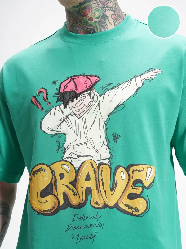 Highlander Men Turquoise Printed Round Neck Oversized Fit T-Shirt