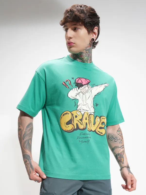 Highlander Men Turquoise Printed Round Neck Oversized Fit T-Shirt