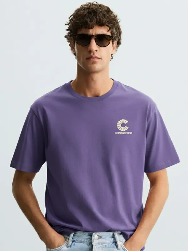 Highlander Men Purple Printed Round Neck Oversized Fit T-Shirt