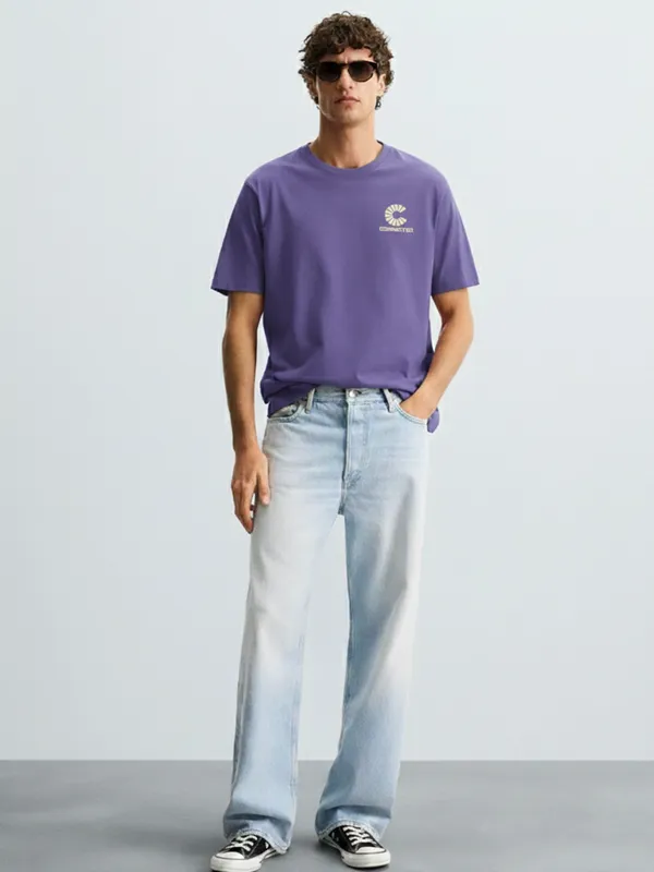 Highlander Men Purple Printed Round Neck Oversized Fit T-Shirt