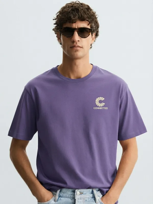 Highlander Men Purple Printed Round Neck Oversized Fit T-Shirt