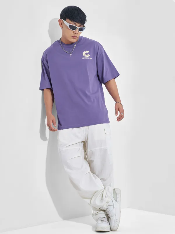 Highlander Men Purple Printed Round Neck Oversized Fit T-Shirt