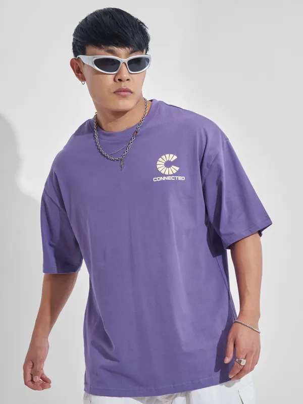 Highlander Men Purple Printed Round Neck Oversized Fit T-Shirt